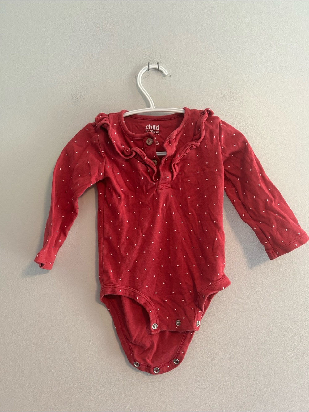 Carters 12m pink & white polka dot long sleeve ruffle onesie